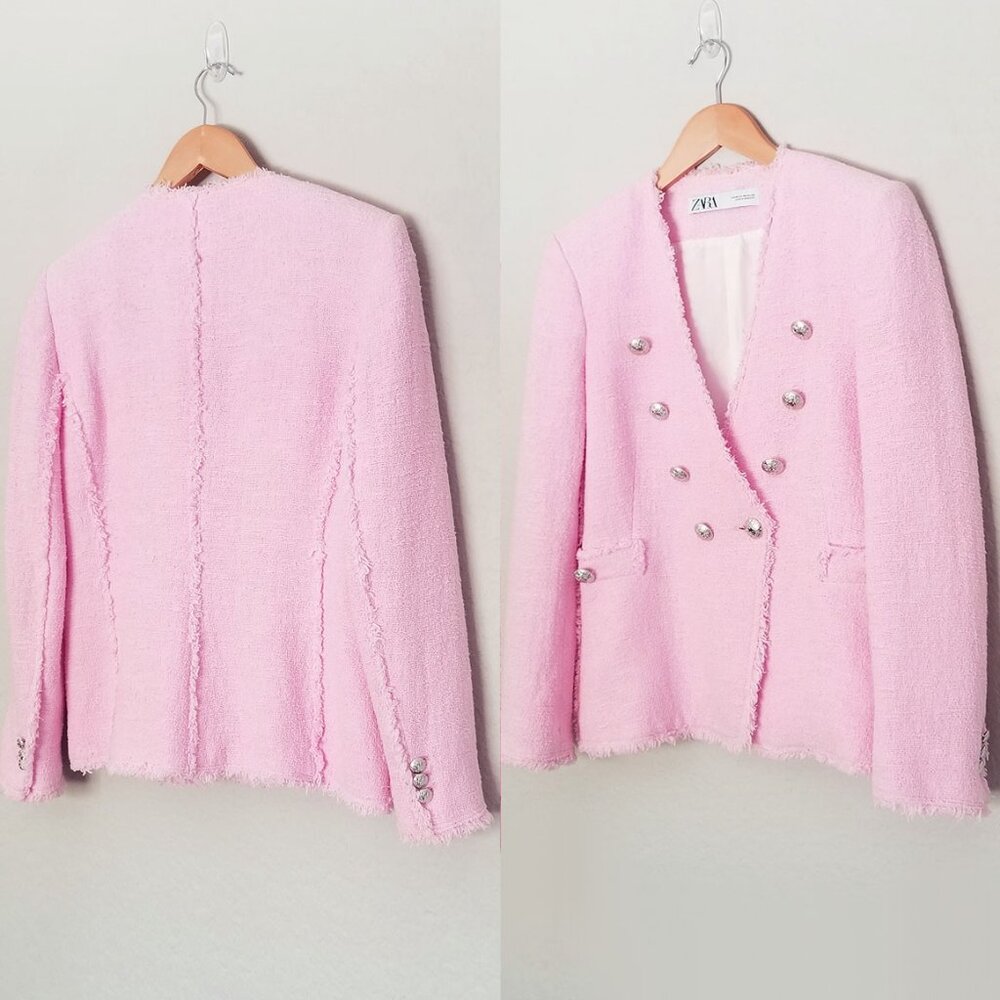 Zara Pink Tweed Blazer Jacket Metallic Buttons XS Blogger's Favorite Romantic - Picture 16 of 16